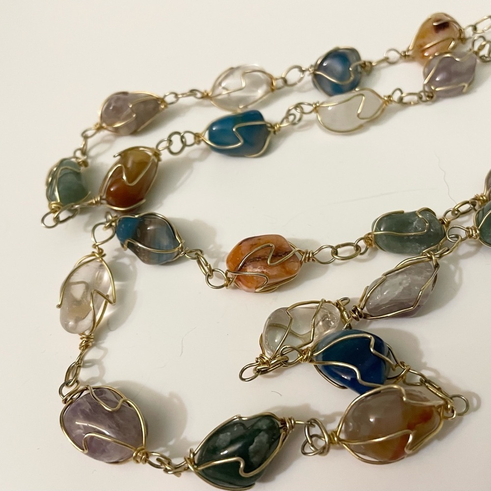 Boho Multi Gemstone Wire Wrapped Necklace Tumbled Stone Crystal Jewelry - Picture 9 of 15